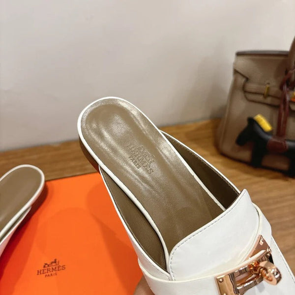 HM 26ss Mule Cuir de veau blanc Boucle dorée 638471