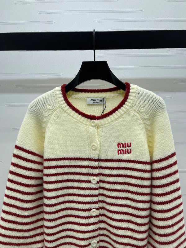 Miu 2026 Striped Knit Crew Neck Long-sleeved Cardigan Wool