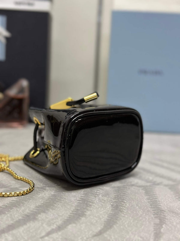 Prada Logo-Plaque Mini Bag Black Patent Leather GHW