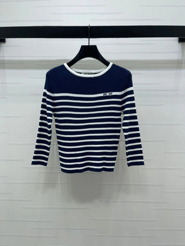 Miumiu 2026 Striped Crew Neck Knit Long Sleeve Wool
