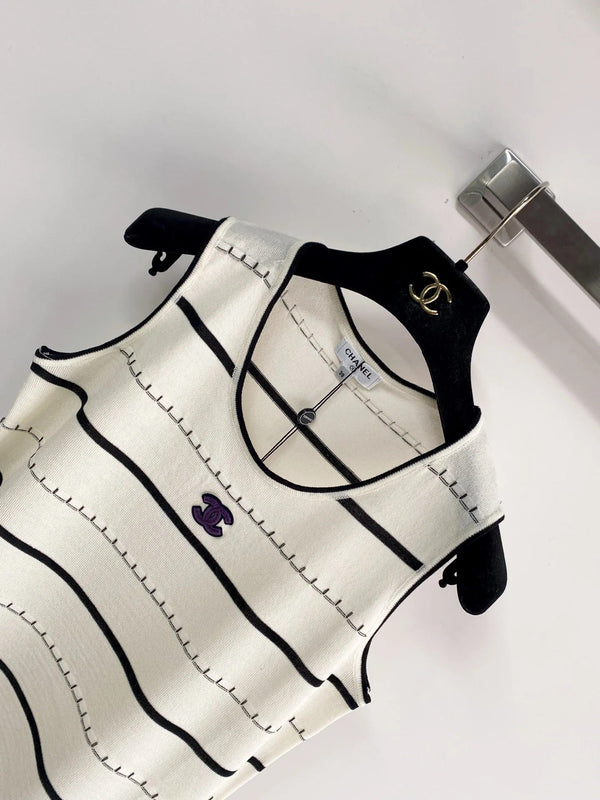 Chanel 2026 Black And White Striped Knit Tank Top Wool Cashmere