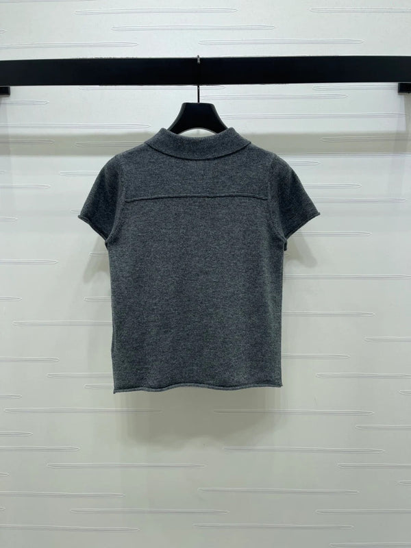 Pull à manches courtes en maille à col Miumiu 2026 en cachemire crème et gris