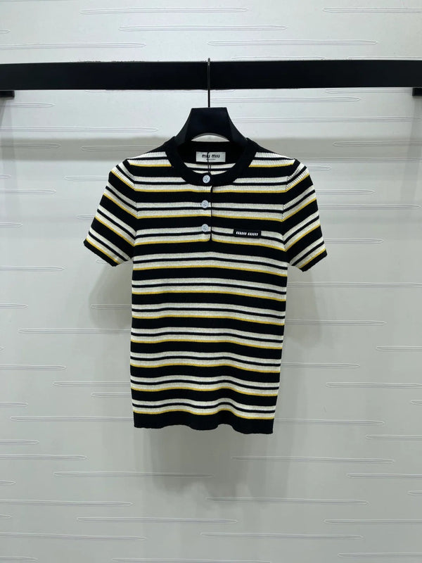 Haut à manches courtes en maille rayée Miumiu 2026 Laine Tencel Crème et Noir 356453