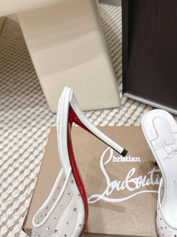 CL 26SS Mules à talons hauts 100 Blanc Mesh Strass Cuir 658052