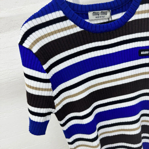 Miumiu 2026 T-shirt rayé Bleu Blanc Marron Laine Cachemire 356974