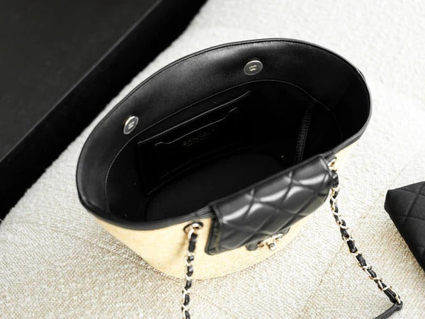 Chanel 2026 Shopping Bag 40cm Beige Black Straw Lambskin 351031