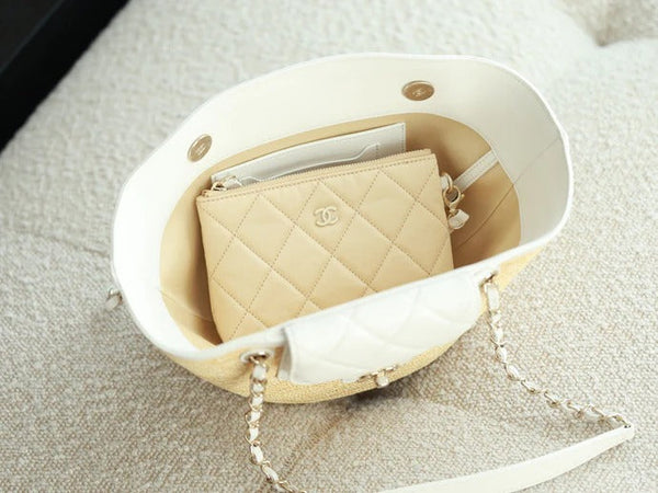 Chanel 2026 Shopping Bag 40cm Beige White Straw Lambskin