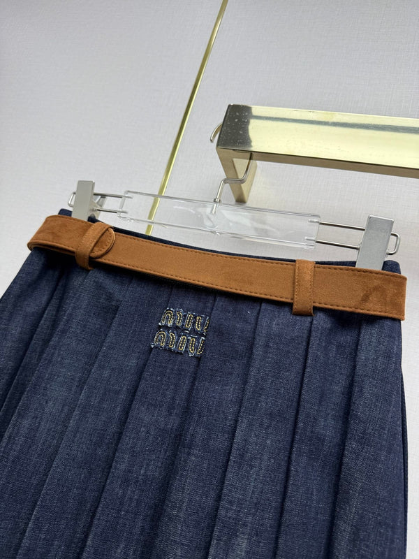 Miumiu 2026 Jupe plissée rétro en jean, coton bleu 351555