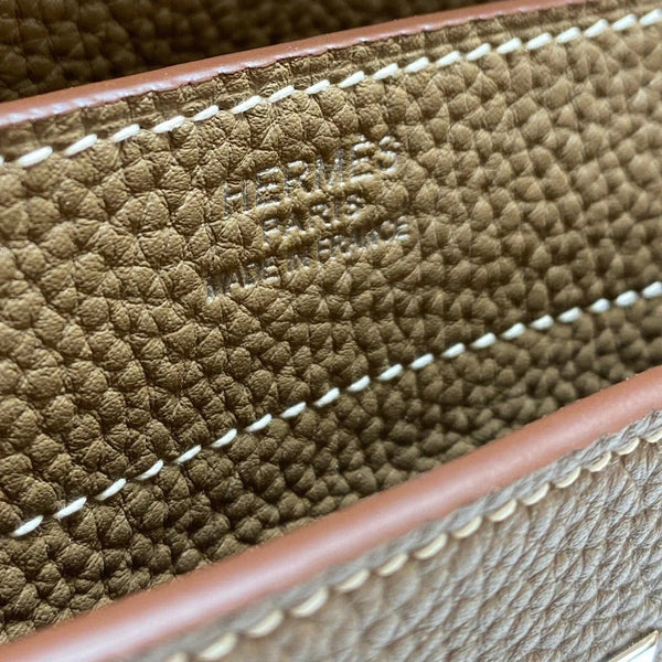 KELLY DEPECHES 38 BRIEFCASE IN ETOUPE TOGO CALFSKIN SILVER HARDWARE