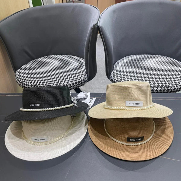 CAPPELLO IN PAGLIA A TESA PICCOLA MM IN BEIGE E PERLE DECORATE