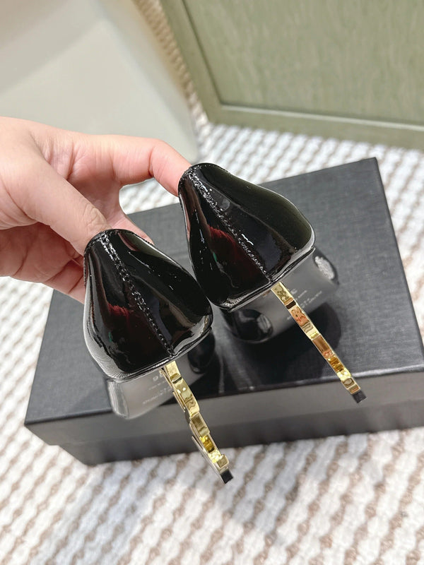 YSL 26ss High Heel Pumps 85 Black Patent Leather Gold 654697