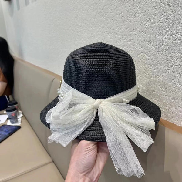 STRAW HAT BOW WITH PEARL BLACK 672699