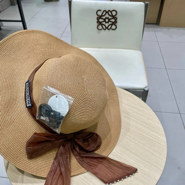 MM WIDE-BRIM BEACH HAT IN BEIGE WITH FABRIC BOW