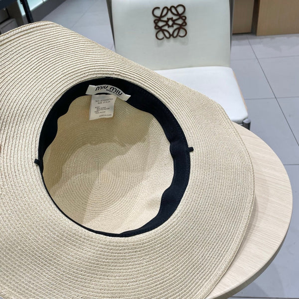 MM WIDE-BRIM BEACH HAT IN LIGHT BEIGE WITH FABRIC BOW