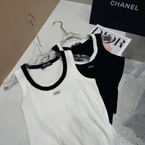 TANK TOP 615176 IN BLACK COTTON RIBBED WHITE TRIM