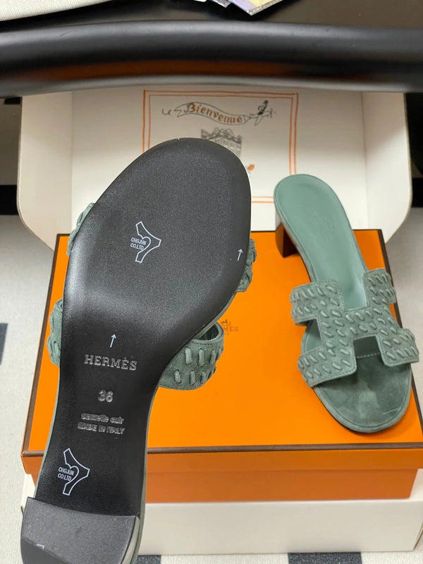 HM 25S ORAN HIGH‑HEEL SANDAL IN MUTED MINT GREEN SUEDE AND LAMBSKIN