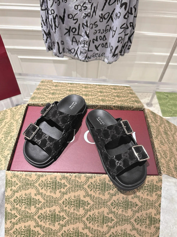 SANDALS IN BLACK SUEDE EMBOSSED LOGO SILVER HARDWARE