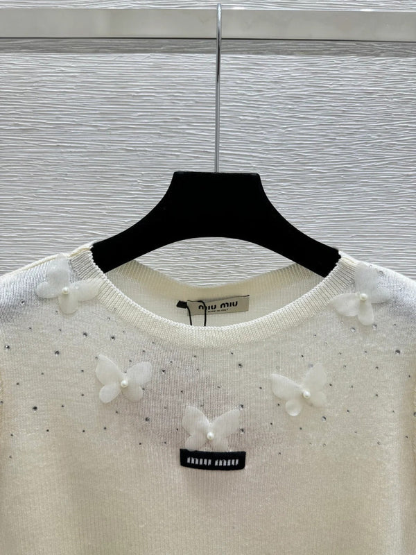 Haut à manches courtes Miumiu 2026 Butterfly Laine et Soie Crème Jaune Rose