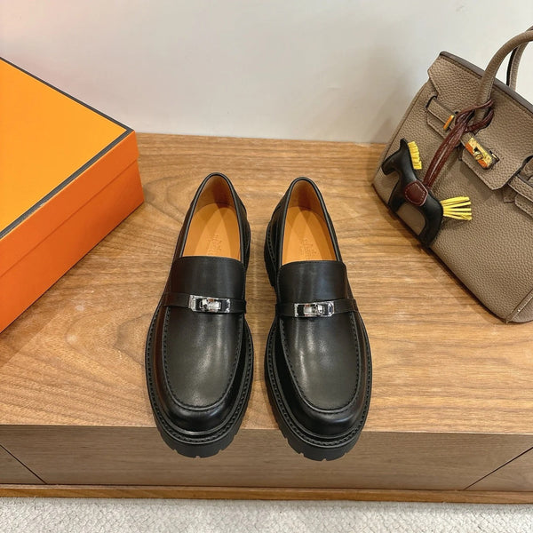 HM 26ss Loafers Black Calfskin Sliver Buckle 638428