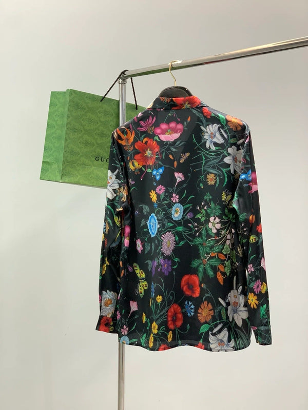 Gucci 2026 Flower Long-sleeved Shirt Black mix colors Silk 131813