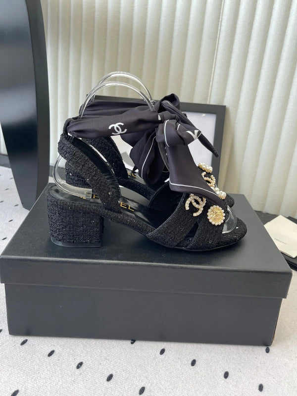 CC 26s Sandales 55 Tweed noir Mélange de breloques dorées 650081
