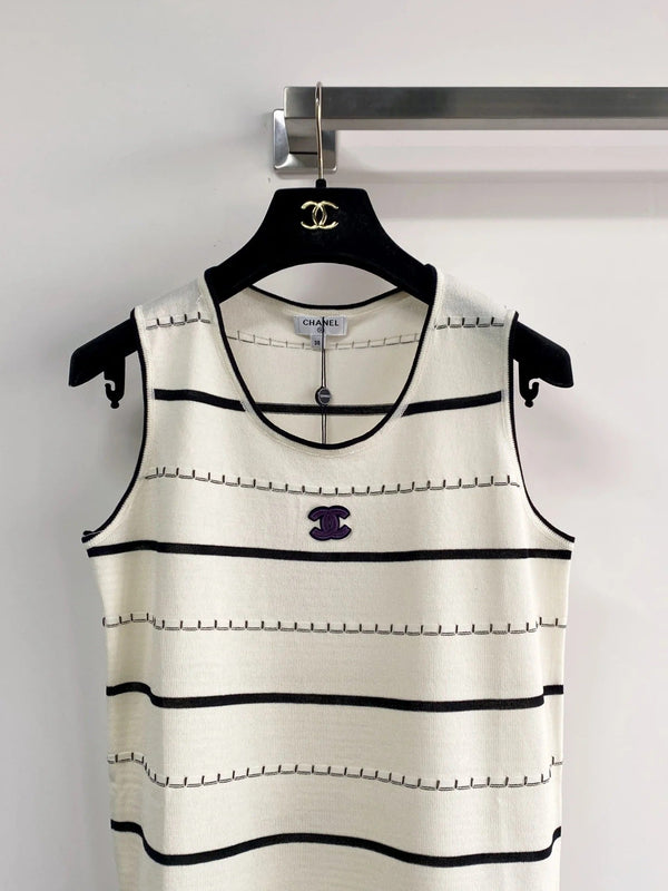 Chanel 2026 Black And White Striped Knit Tank Top Wool Cashmere