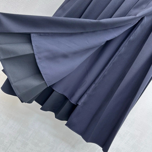 Miumiu 2026 Jupe midi plissée avec boucle en cuir Coton bleu marine 356069