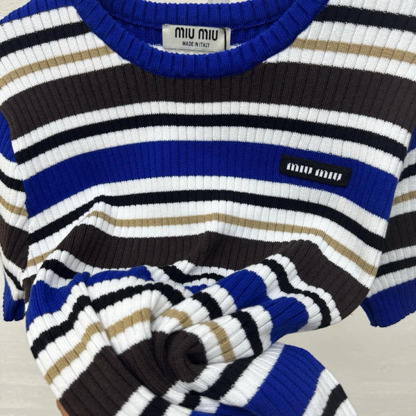 Miumiu 2026 T-shirt rayé Bleu Blanc Marron Laine Cachemire 356974