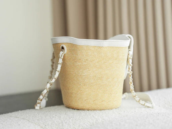 Chanel 2026 Shopping Bag 40cm Beige White Straw Lambskin