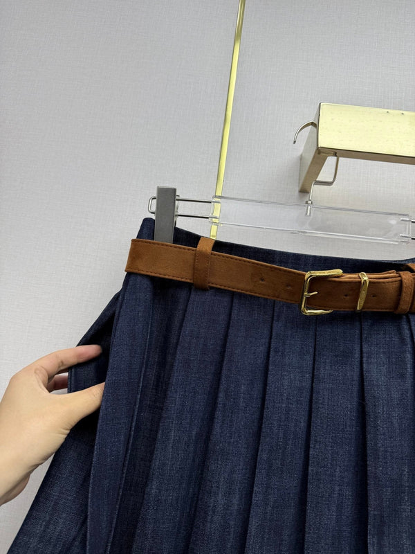 Miumiu 2026 Jupe plissée rétro en jean, coton bleu 351555