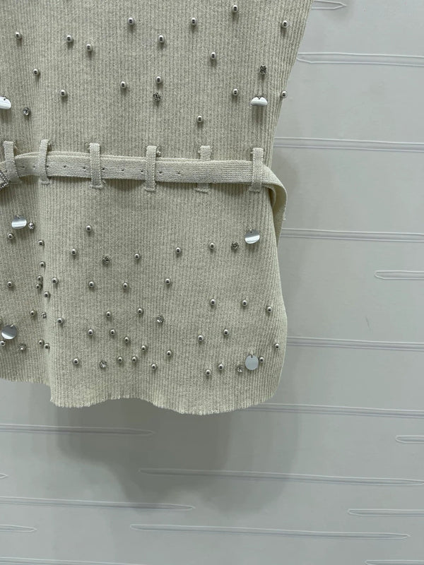 Miumiu 2026 Top en maille avec détails en cristal et taille ceinturée en laine
