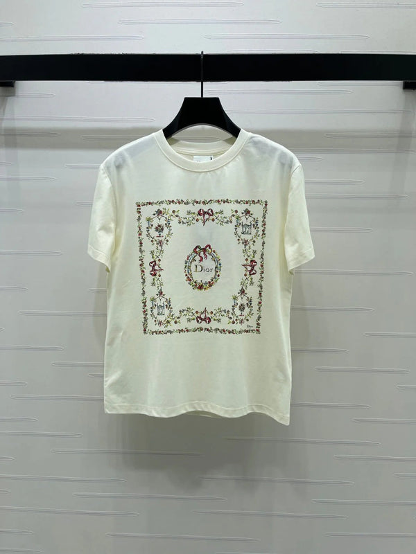 CD 2026 Square Floral Embroidery Short-Sleeve T-Shirt Cotton 385378