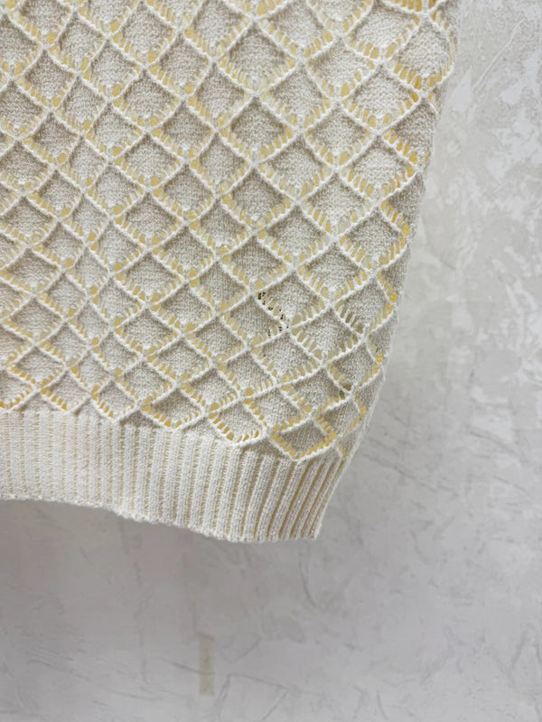 Miumiu 2026 Gilet en maille ajourée col rond Crème et violet Viscose Nylon