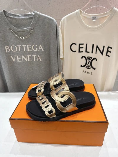 HM 26ss Sandals Black Gold Metallic Cowhide 641274