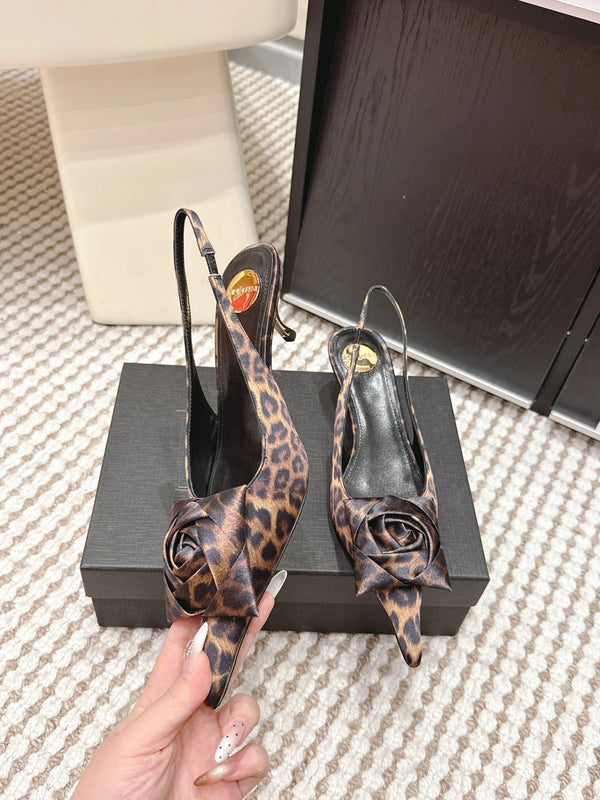 YSL 26ss Slingback 50 Leopard Print Satin Leather 654680