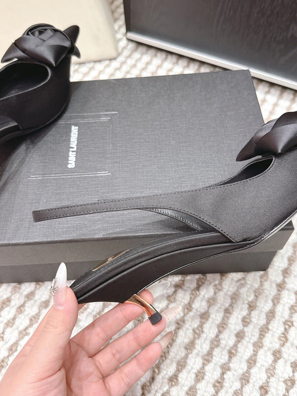 YSL 26ss Slingback 50 Black Satin Leather 654681