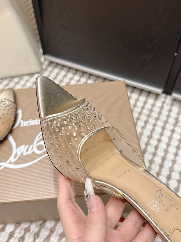 CL 26SS Mules à talons hauts 100 Cuir et résille champagne doré Strass 658053