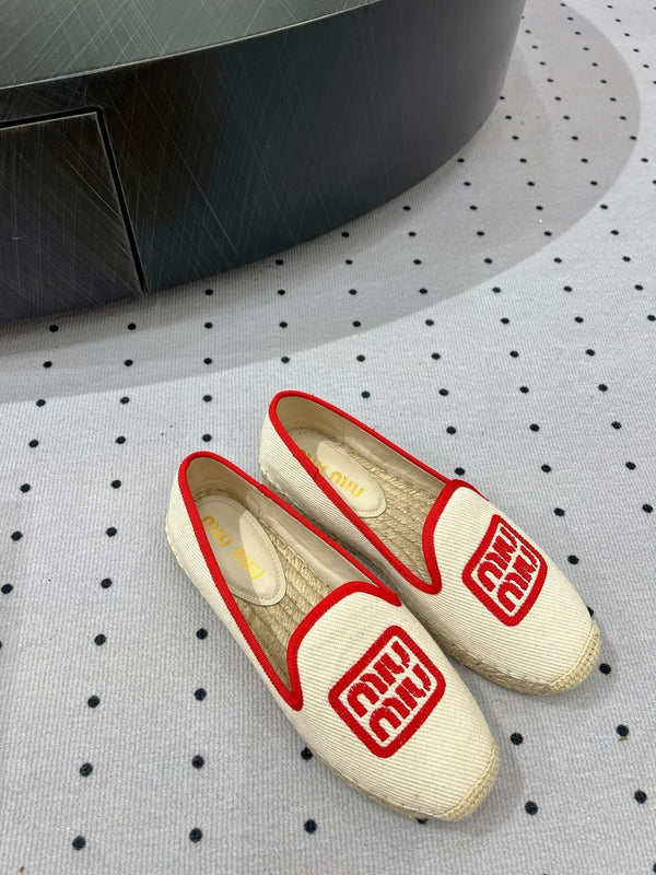 Loafer Shoes Ivory With Red Border Fabric Linen