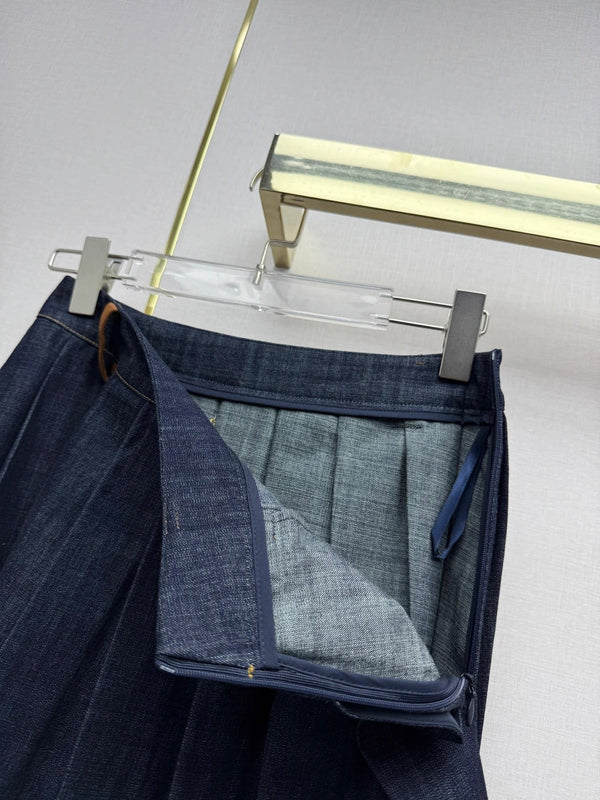 Miumiu 2026 Jupe plissée rétro en jean, coton bleu 351555