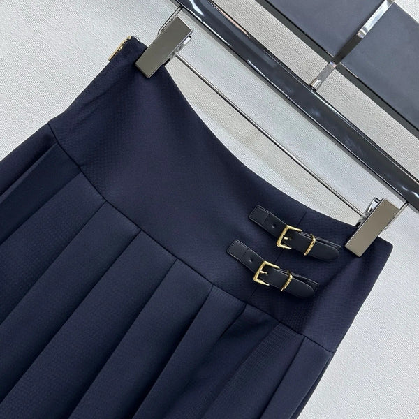 Miumiu 2026 Jupe midi plissée avec boucle en cuir Coton bleu marine 356069
