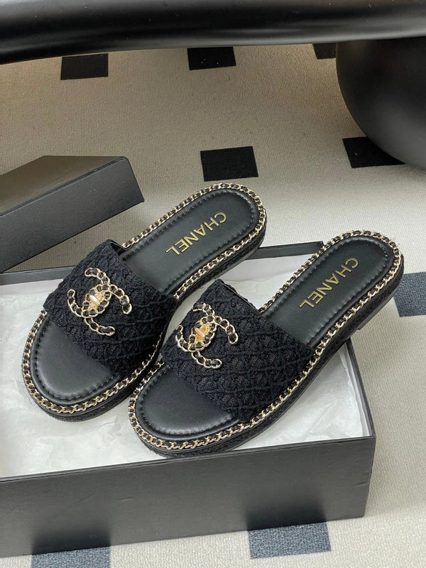 CC 26s Ballerines Plates Tissu Noir Or Peau de Mouton 649487