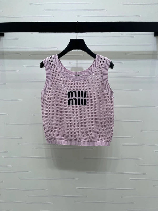 Miumiu 2026 Hollow-out Letter Knit Vest Yellow and Purple Cotton 352580