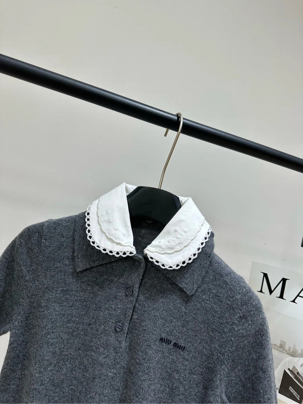 Miumiu 2026 Lace Peter Pan Collar Polo Knit Short-Sleeve T-Shirt Grey Cashmere
