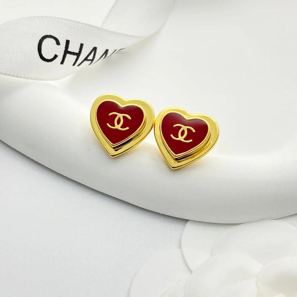 CC Black Enamel Gold Double C Heart Earrings