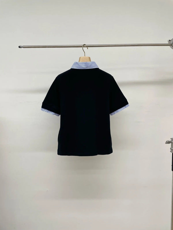 Polo Miumiu 2026 à rayures et patchwork en coton noir et bleu