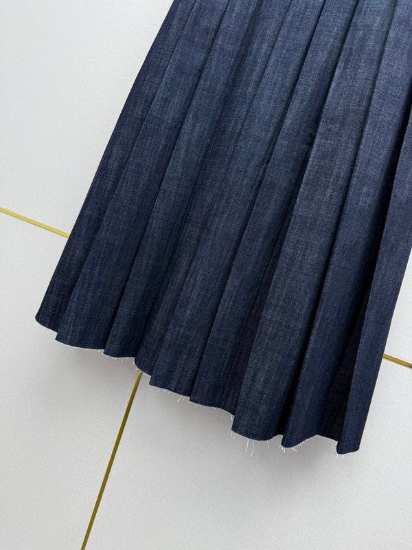 Miumiu 2026 Jupe plissée rétro en jean, coton bleu 351555