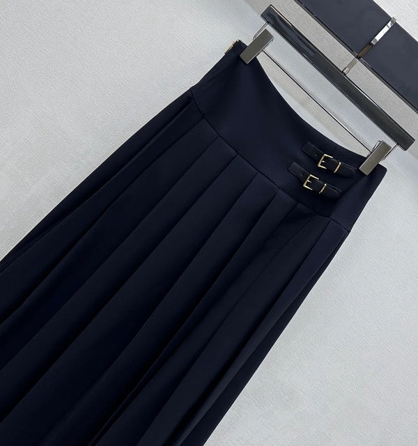 Miumiu 2026 Jupe midi plissée avec boucle en cuir Coton bleu marine 356069