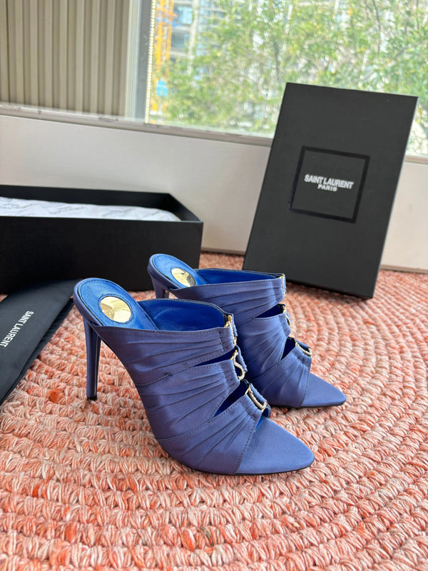 YSL 26ss Pointed High Heels Sandals 110 Blue Silk Leather 648788