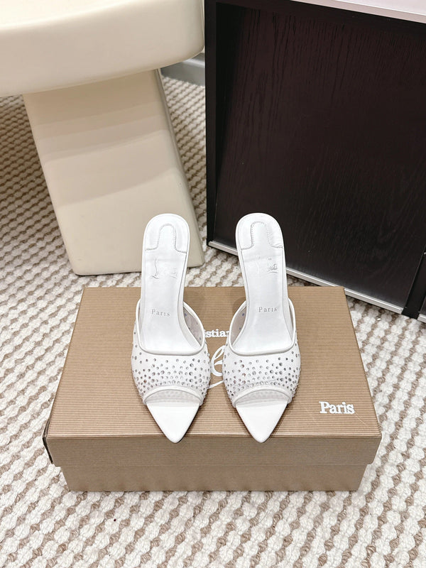CL 26SS Mules à talons hauts 100 Blanc Mesh Strass Cuir 658052