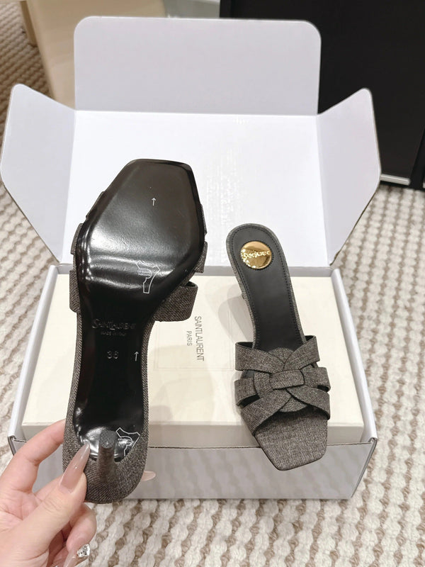 YSL 26ss High-Heeled Slippers 75 Dark Gray Canvas Calfskin 654748